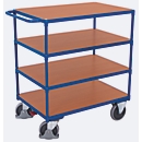 Chariot de table robuste, panneau acier/MDF, décor bleu gentiane/hêtre, 4 plateaux, L 1000 x l 700 mm, roulettes TPE avec EasySTOP, jusqu'à 500 kg