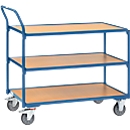 Chariot de transport, 3 niveaux, acier/bois, bleu-hêtre, l. 850 x P 500 mm, jusqu’à 300 kg, revêtement en TPE