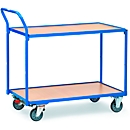 Chariot de transport à 2 étages Fetra, L 850 x l. 500 mm, capacité de charge 300 kg, avec roulettes en TPE, bleu brillant RAL 5007