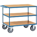 Chariot de transport, lourd, 3 étages, 1000 x 600 mm, jusqu’à 500/600 kg, acier/bois, bleu/hêtre