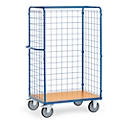 Chariot grillagé fetra®, roulettes pivotantes et fixes, jusqu'à 600 kg, L 1369 x l 809 x H 1800 mm, acier et bois, bleu brillant RAL 5007 et finition hêtre
