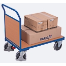 Chariot plateforme à dossier fixe en bois, L 880 x l. 500 mm, acier/plaque MDF, décor bleu gentiane/hêtre, roulettes en TPE avec EasySTOP, jusqu'à 400 kg, bleu brillant RAL 5007