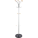 Coat rack, Ø 365 x H 1760 mm, 6 hat/coat hooks &amp; 4 hooks for scarves &amp; bags, with umbrella holder &amp; drip tray, steel, silver metallic