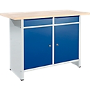 Compacte werkbank Easy met 2 scharniere vleugeldeuren en 2 schuifladen, B 1400 x D 600 x H 840 mm, grijs/gentiaanblauw