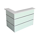 Corner reception desk Atlantis, white, made of steel, with glass front & melamine resin top