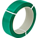 Correa de poliéster PET, L 1500 m x A 15,5 mm, grosor 0,9 mm, núcleo Ø 406 mm, hasta 534 kg, 100 % material reciclado, verde, gofrado