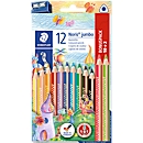 Crayons de couleur Staedtler Noris® jumbo 128, 3 arêtes, protecteur de mine ABS, motif étoile &amp; champ nom, certifié FSC®, couleurs assorties, 12 pièces + taille-crayon