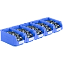 Cubetas con frente abierto SSI Schäfer serie PROFI LF421, apilables, 7,8 l, 5 piezas, con asa encastrada, azul