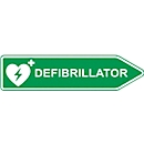 Defibrillator-AED-Standort-Strassenschild, Pfeilform, rechtsweisend, nachtleuchtend, wetterfest, Dibond-Druck, L 600 x H 150 mm, grün-weiss
