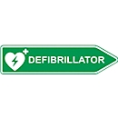 Defibrillator-AED-Standort-Straßenschild, Pfeilform, rechtsweisend, nachtleuchtend, wetterfest, Dibond-Druck, L 600 x H 150 mm, grün-weiß