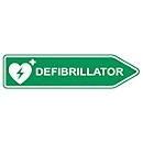 Defibrillator Schild Medx5, Pfeilform, nach rechts weisend, nachtleuchtend, wetterfest, Dibond-Druck, L 600 x H 150 mm, grün-weiß