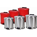 Disposal container, sheet steel, red, 35 l, W 450 x D 440 x H 490 mm, hinged lid with foot pedal, ventilation openings in base rim