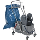 Double chariot de nettoyage avec armature chromée, 2 seaux de 17 litres, presse, support sac poubelle