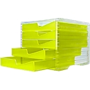 Drawer box styro® styroswing NEONline, 5 drawers, pull-out stop &amp; recessed grip, stackable, W 270 x D 340 x H 255 mm, polystyrene, transparent-neon-yellow