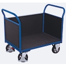 Dreiwandwagen, Stahl/Siebdruckplatte, Enzianblau/Dunkelbraun, L 995 x B 665 mm, herausnehmbare Längswand, Vollgummi-Rollen mit EasySTOP, bis 1000 kg