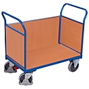 Driewandwagen, staal/MDF-plaat, decor gentiaanblauw/beuken, L 850 x B 475 mm, afneembare zijwand, TPE-wielen met EasySTOP, tot 400 kg