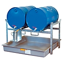 Rack for barrels type 800 variant 1 CEMO, with barrel support and collecting tray, for 2 barrels of 200 l, W 1410 x H 840 x D 1280 mm