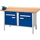 Ensemble d'établis PW 150-0, l. 1500 mm, 2 tiroirs, 2 armoires, verrouillage central, avec étau, gris clair/bleu gentiane 