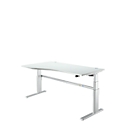 Escritorio confort, regulable eléctricamente en altura, forma libre, fijación a la izquierda, pie en C, An 1800 x Pr 1000/800 x Al 655-1305 mm, aluminio gris claro/blanco