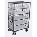 ESD wire mesh shelf truck, steel/ chipboard, graphite grey/ light grey, 5 shelves, 1045 x 685 mm, 3 walls and roof, EasySTOP, up to 500 kg