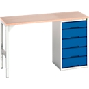 Etabli Bott verso, jusqu'à 600 kg, 5 tiroirs, L 1500 x P 600 x H 930 mm, hêtre multiplex, acier, gris