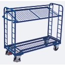 Etagenwagen, Stahl/Drahtgitter, Enzianblau, 2 Etagen, 1355 x 550 mm, Stirnwände mit Rundstahlverstrebung, EasySTOP, bis 250 kg