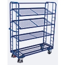 Etagenwagen, Stahl/Drahtgitter, Enzianblau, 4 Etagen, 1355 x 550 mm, Stirnwände mit Rundstahlverstrebung, EasySTOP, bis 250 kg