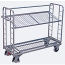 Etagenwagen, Stahl/Drahtgitter, silber, 2 Etagen, 1355 x 550 mm, 2 Stirnwände mit Rundstahlverstrebung, EasySTOP, bis 250 kg