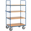 Etagewagen, 4 houten legborden, tot 600 kg, 2-zijdige roosterwanden, 1000 x 600 mm, blauw