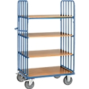 Etagewagen, 4 houten legborden, tot 600 kg, kopwanden met steunen, 1000 x 600 mm, staal, blauw
