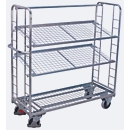 Etagewagen, staal/gaas, zilver, 3 etages, 1400 x 550 mm, 2 kopwanden met ronde stalen verstevigingen, EasySTOP, tot 250 kg