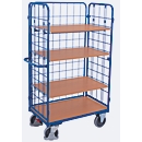 Etagewagen van draadgaas, staal/MDF-plaat, decor gentiaanblauw/beuken, 1 etage, 850 x 500 mm, inhaakbare zijwand, EasySTOP, tot 400 kg