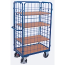 Etagewagen van draadgaas, staal/MDF-plaat, decor gentiaanblauw/beuken, 1 etage, 850 x 500 mm, inhaakbare zijwanden, EasySTOP, tot 400 kg