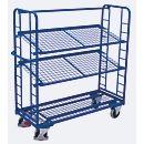 Etagewagens, staal/gaas, gentiaanblauw, 3 etages, 1355 x 550 mm, kopwanden met ronde stalen verstevigingen, EasySTOP, tot 250 kg