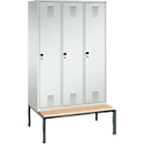 Evolo S 3000 Locker, integrated bench, 3 compartments, steel, safety locking pin lock, light grey/light grey