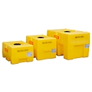 Fût en PE, en forme de boîte, polyéthylène, ouverture de remplissage ø 140 mm avec couvercle à vis, avec chicane, jaune, L 760 x P 1160 x H 730 mm, 450 l