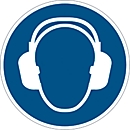 Hinweisschild Durable, rund, für den Innenbereich, Motiv „Gehörschutz benutzen“, EN ISO 7010, selbstklebend, blau-weiß, 1 Stück