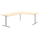 Hoekbureautafel BARI 90°, T-poot, Tafel in vrije vorm, hoek links, B 1800 x D 1000/800 x H 680-820 mm, esdoorn/aluminium