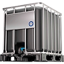 IBC container, 1000 liter, UN keur, UV bescherming, DN 50 uitlaatklep, op kunststof pallet, B 1200 x D 1000 x H 1136 mm, zwart