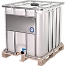 IBC container, 1000 liters, HDPE, stackable, drain valve, on wooden pallet, W 1200 x D 800 x H 1163 mm, natural