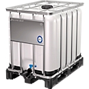 IBC Container, 600 Liter, UN-Zulassung, Kunststoffdeckel, Stahl-Kreuzverband, Stahltraverse, auf Kunststoffpalette, B 1200 x T 1000 x H 1013 mm