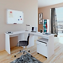 Jeu de 2 bureaux à panneaux latéraux avec panneau d'angle, rectangulaire, côtés biseautés, fixation des deux côtés, L 1350 x P 1050 x H 740 mm, blanc