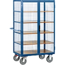 Kastwagen met roosterwanden, met dubbele vleugeldeur, afsluitbaar, 5 houten legborden, tot 750 kg, 1000 x 680 mm, blauw