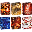 Kerstpakketzakjes TSI serie 8, 6 verschillende motieven, met handvatkoord, medium, B 180 x D 100 x H 230 mm, geassorteerde kleuren, 12 st.