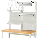 Kit complet de montage Rau 06, largeur 1500 mm, 4 montants, 3 plaques perforées, étagère métallique, rail de maintien, magasin pour cartons, gris clair/gris clair