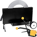Kit de cerclage avec feuillard en acier, 1 appareil de cerclage sans mandrin SL 200/1, 1 bobine spéciale de feuillard en acier et 1 support de déroulage mobile pour feuillard en acier