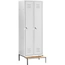 Kledinglocker, 2 compartimenten, cilinderslot, lichtgrijs/lichtgrijs met zitbank