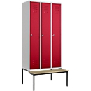 Kledinglocker, 3 compartimenten, 300 mm, draaigrendelslot, zitbank Deur robijnrood