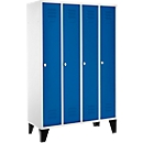 Kledinglocker, 4 compartimenten 300 mm, draaigrendelslot, met poten, deur gentiaanblauw