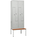Kledinglocker, 4 compartimenten, met zitbank, B 800 x H 2200 mm, draaigrendelslot, lichtgrijs/lichtgrijs